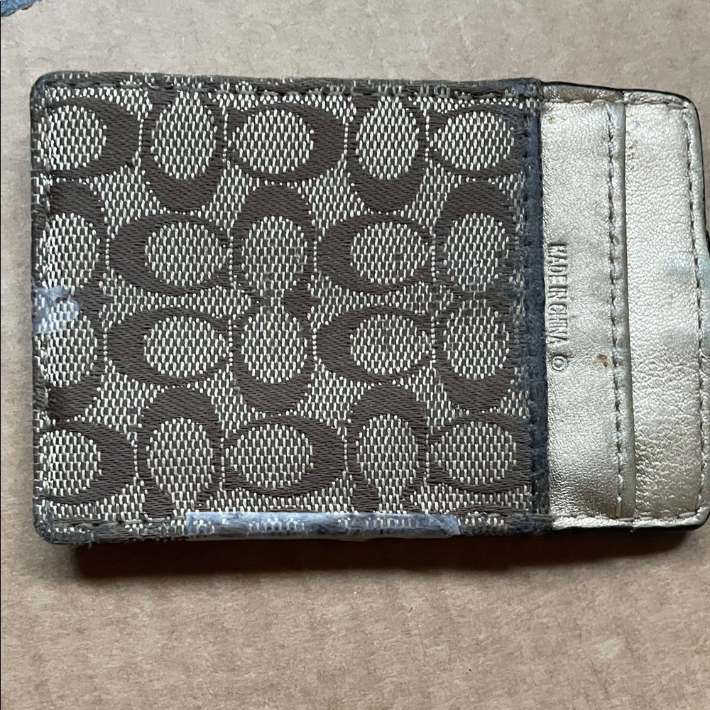 Coach Brown Signature Canvas Lanyard ID Holder with Metallic Trim - Picture 3 of 5